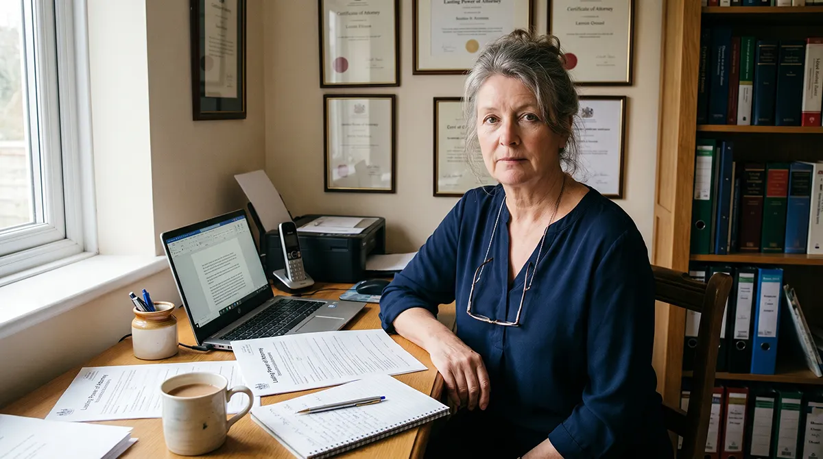 Helen Ashworth at her desk with her Power of Attorney paperwork