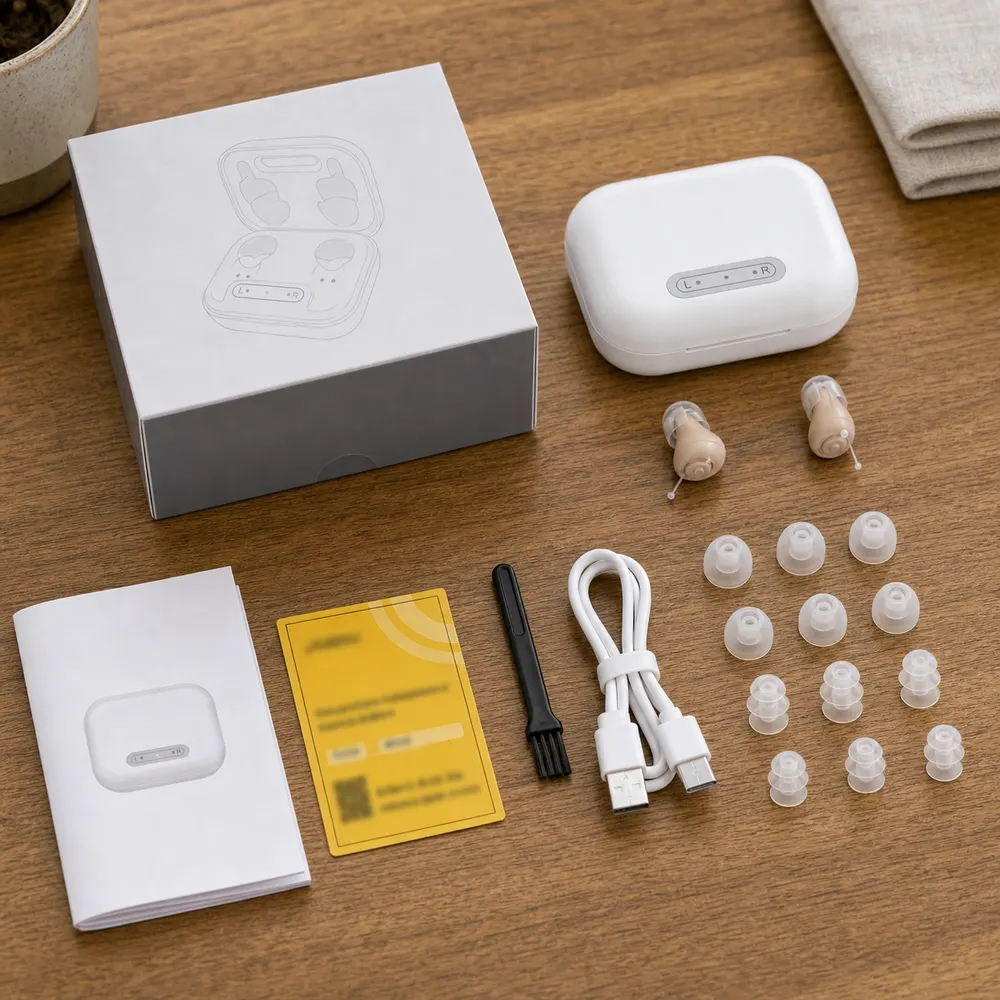 What arrives in the Clear Hearing box: the devices, a rechargeable charging case and a set of ear tips